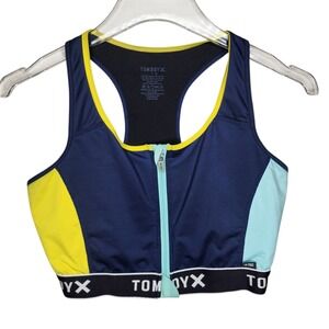 TomboyX Zip Front Racerback Sports Bra Navy Blue Colorblock Women Size Large